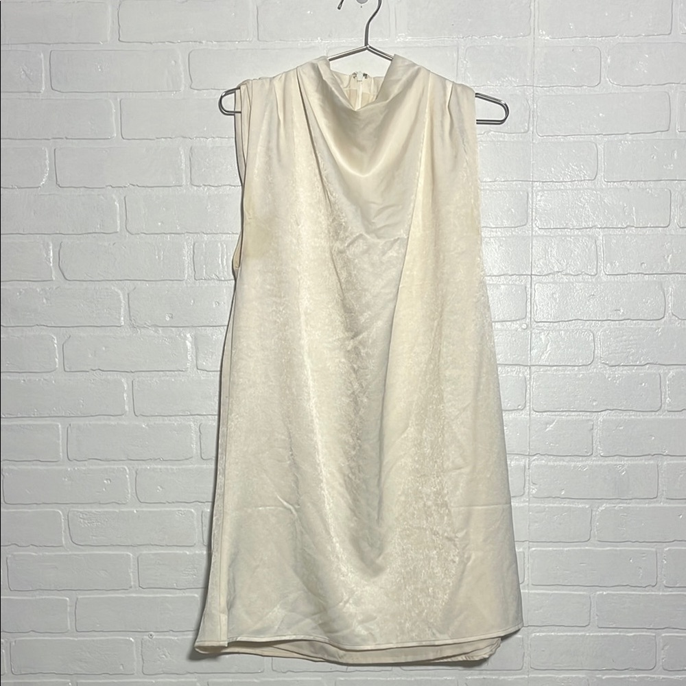 Lena Womens Satin Shift Dress Elegant Sleeveless High Draped Neckline Large